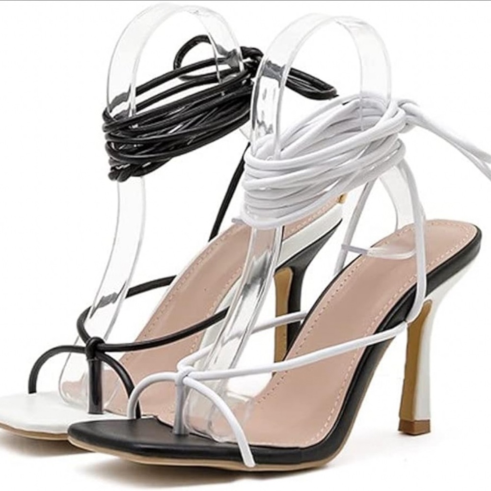 Black and White Strap Up Wedge Heel